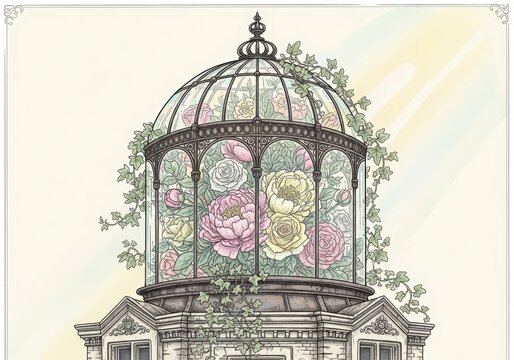 Glass dome with floral stained glass and climbing vines, sunlight