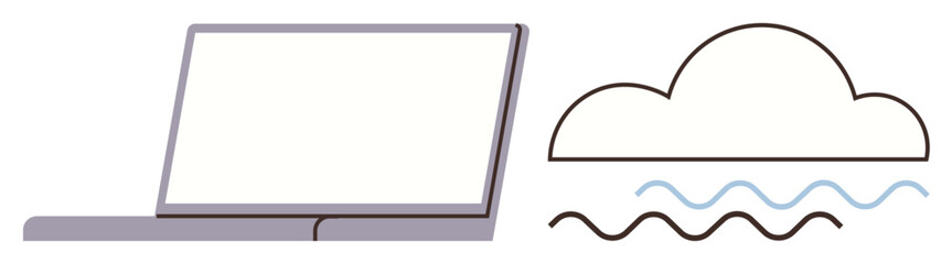 Obraz premium Laptop beside cloud and wave lines showcasing digital technology, cloud storage, connectivity, and innovation. Ideal for IT, software, cloud computing, remote work, eco-tech creativity modern