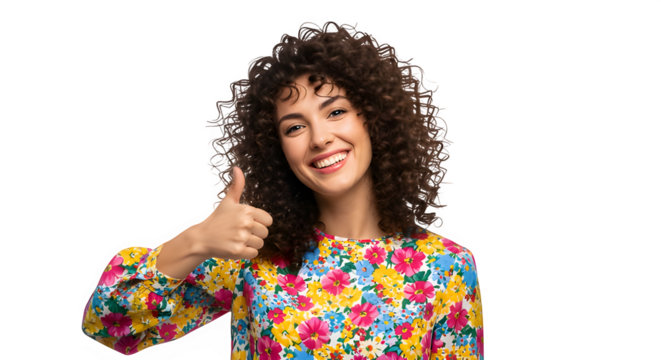 Happy woman shows satisfaction and positivity