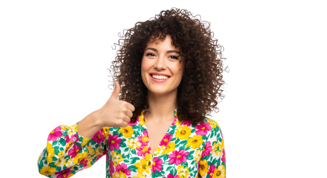 A woman with curly hair smiles and gives a thumbs up gesture, expressing approval and positivity