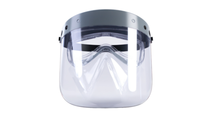 Clear plastic face shield with elastic band isolated on transparent background