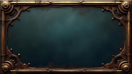 Ornate steampunk frame with a dark teal background, detailed metalwork.