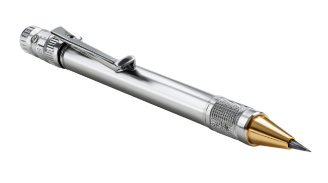 Ornate silver mechanical pencil with gold tip isolated on transparent background