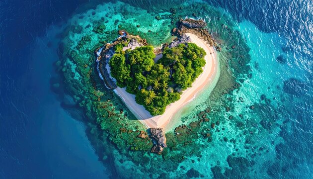 Heart Shaped Island Surrounded by Turquoise Waters and Coral Reefs Under a Clear Sunny Sky