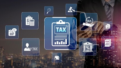 Financial regulation and tax compliance concept showing tax document, VAT, transaction flow, and...