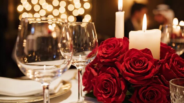 Romantic Dinner Ambiance with Red Roses and Lit Candles on an Elegantly Set Table
