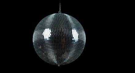 Fototapeta premium Brightly lit classic mirrored disco ball suspended in darkness. Shiny abstract reflective sphere against a solid black backdrop ,vintage ,object ,solid