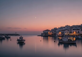 Tranquil coastal village at dusk with boats on calm water