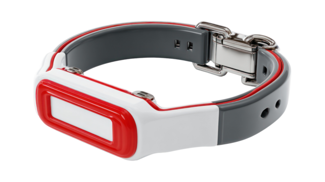 White and red digital watch with grey strap isolated on transparent background