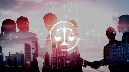 Futuristic digital law interface displaying justice scale, highlighting digital law, AI compliance,...