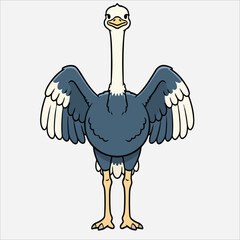 Cartoon illustration of an ostrich with outstretched wings and a white background in a graphic style.
