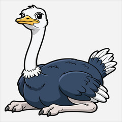 A cartoon ostrich sitting on the ground with a white background, featuring a blue body and white neck.