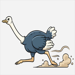 Cartoon illustration of an ostrich kicking up dust with one leg against a plain white background.