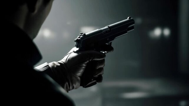 Man in gloves aiming a pistol in a dark crime scene, hands holding a handgun with a blurred background, animated footage