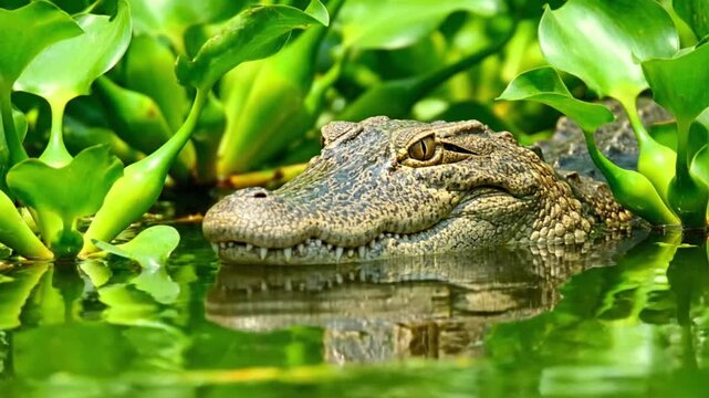 An alligators head peeks out from the water amidst vibrant green plants, its textured skin and sharp eye capturing the wild essence of its habitat video 4k