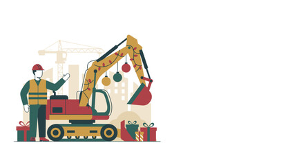 Construction worker stands by a festive excavator decorated with Christmas lights and ornaments Seasonal industrial theme