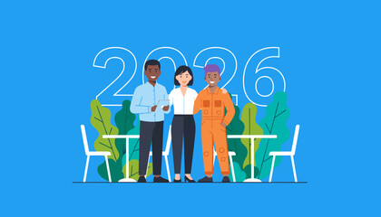 Diverse team planning 2026 goals Business professional and skilled worker collaboration