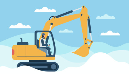 Worker operating a large yellow excavator at a construction site under a blue sky