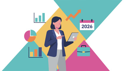 Business woman uses tablet to analyze data and plan growth Corporate strategy and 2026 goals