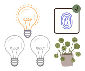 Three lightbulbs, one glowing, represent ideas fingerprint with checkmark illustrates authentication potted plant symbolizes growth and eco-awareness. Ideal for creativity, security, innovation