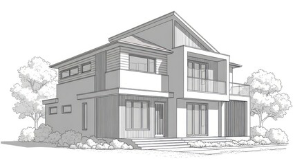 Modern house architectural drawing with trees and copy space