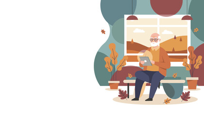 Senior man uses a tablet indoors during autumn Digital lifestyle and comfort concept