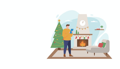 Man relaxing with tablet by the Christmas fireplace Seasonal illustration of home technology