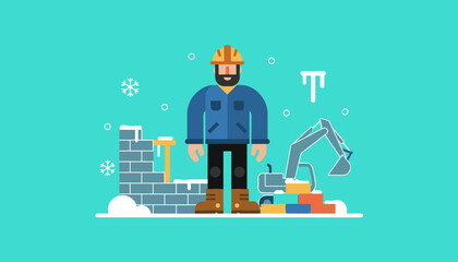 Worker in hard hat at cold construction site with snow and excavator Flat illustration