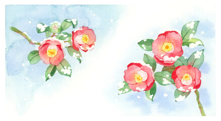 雪のついた椿のコーナーフレームセット　水彩イラスト