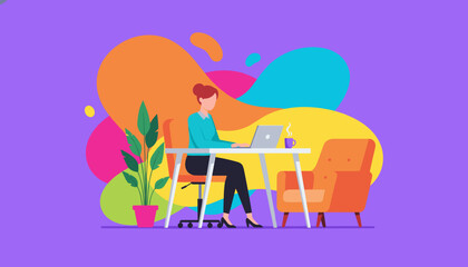Freelancer woman works on laptop at desk in modern office illustration with bright abstract colors