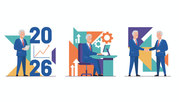 Business success for 2026 Executive planning office work and partnership handshake Vector