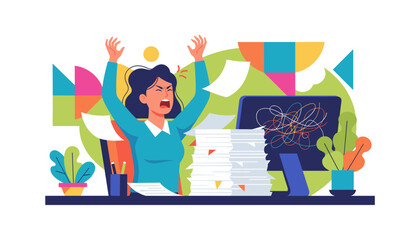 Employee overwhelmed by high workload screams in frustration experiencing stress and burnout