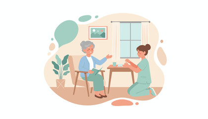 Home health nurse assists elderly woman with medication in a caring comfortable environment