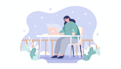 Woman working on laptop outside in winter with coffee Remote business lifestyle