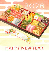 2026年　年賀状テンプレート　お節料理の水彩イラスト　HAPPY NEW YEAR