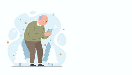 Elderly man struggles with smartphone technology in a stylized winter setting Senior digital literacy issue
