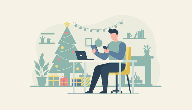 Professional working remotely on laptop and mobile devices in a festive home office setting - Powered by Adobe