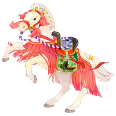 飾り馬の水彩イラスト　日本の伝統行事　年賀状素材
