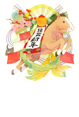 2026年　年賀状テンプレート　正月飾りと馬の水彩イラスト
