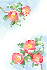 雪と椿の水彩イラスト　はがきテンプレート