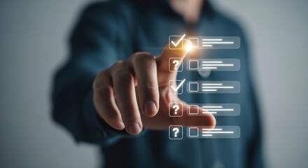 Person interacting with a digital checklist interface using their finger to select options shown