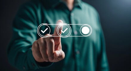 Person selecting options with check marks on a digital interface with their finger pointing up