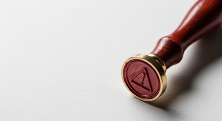 Close up of a red wax seal stamp with a wooden handle on a white surface in soft lighting