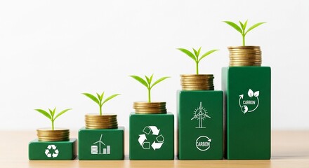 Green blocks with environmental icons topped with coins and growing plants in ascending order