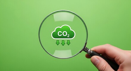 Hand holding magnifying glass focusing on a green cloud with co subscript two and downward arrows