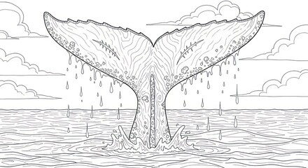 Whale tail emerging from the ocean with water droplets and splashes