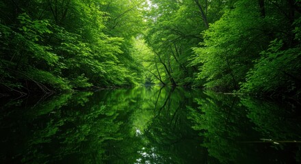 Fototapeta premium A peaceful, reflective water surface displaying lush emerald green hues from dense surrounding foliage and submerged plant life ,water ,pond ,flora