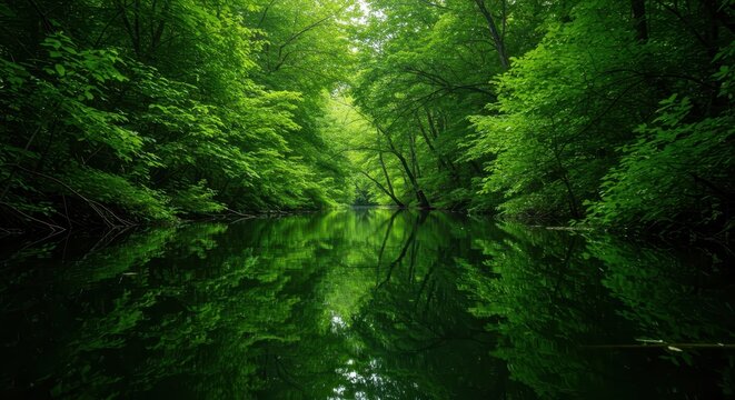 A peaceful, reflective water surface displaying lush emerald green hues from dense surrounding foliage and submerged plant life ,water ,pond ,flora