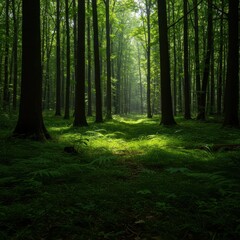 Fototapeta premium Deep, immersive forest ecosystem featuring towering trees reaching for the canopy and vibrant green, dense undergrowth thriving below the shaded light ,massive, dense, undergrowth