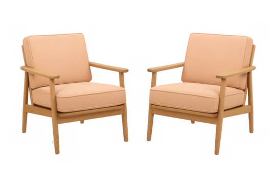 Pair of contemporary armchairs featuring light wood frames and comfortable peach-colored cushions, perfect for modern interior spaces